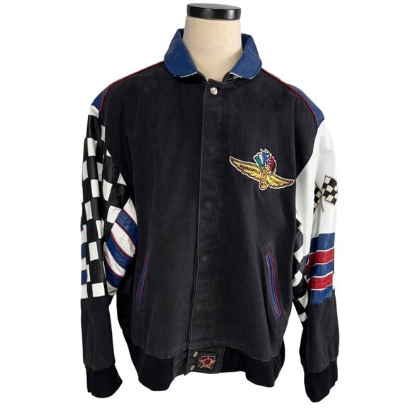 Indianapolis Speedway Racing Jacket XL 90s Style Checkered Flag & Eagle Patch - Picture 2 of 14